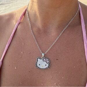 🆕HELLO KITTY: Silver Rhinestone Pendant Necklace with Pink Bow & Yellow Nose